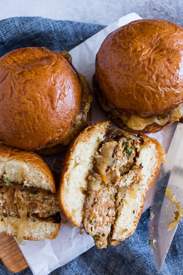 Apple Butter Onion Chicken Burgers cut in half. 
