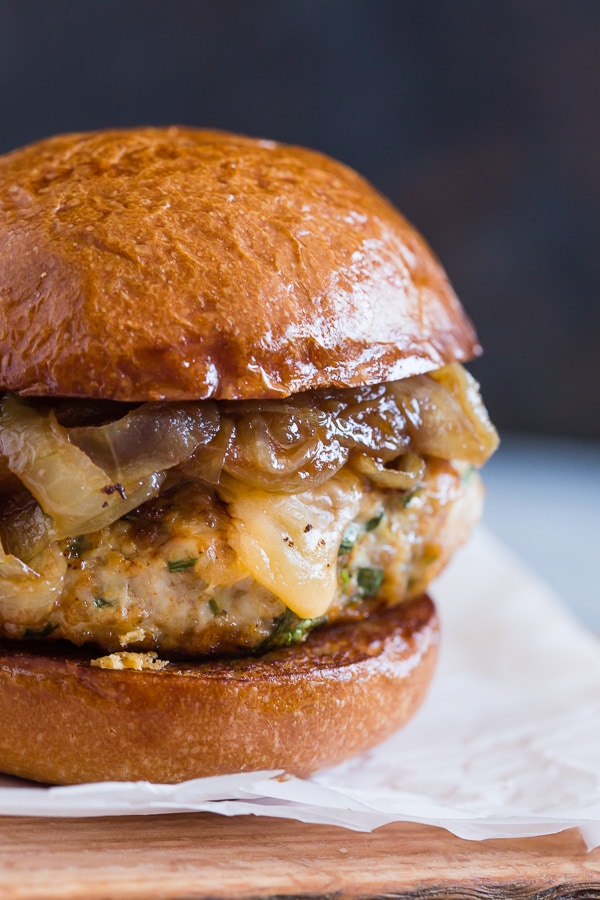 Apple Butter Onion Chicken Burgers on a toasted bun. 