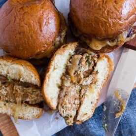 These apple butter onion chicken burgers are the perfect game day and outdoor grilling burgers. They are packed full of sweet apple butter flavor and pair perfectly with smoked Gouda cheese and homemade apple butter caramelized onions. You’ll love these burgers!