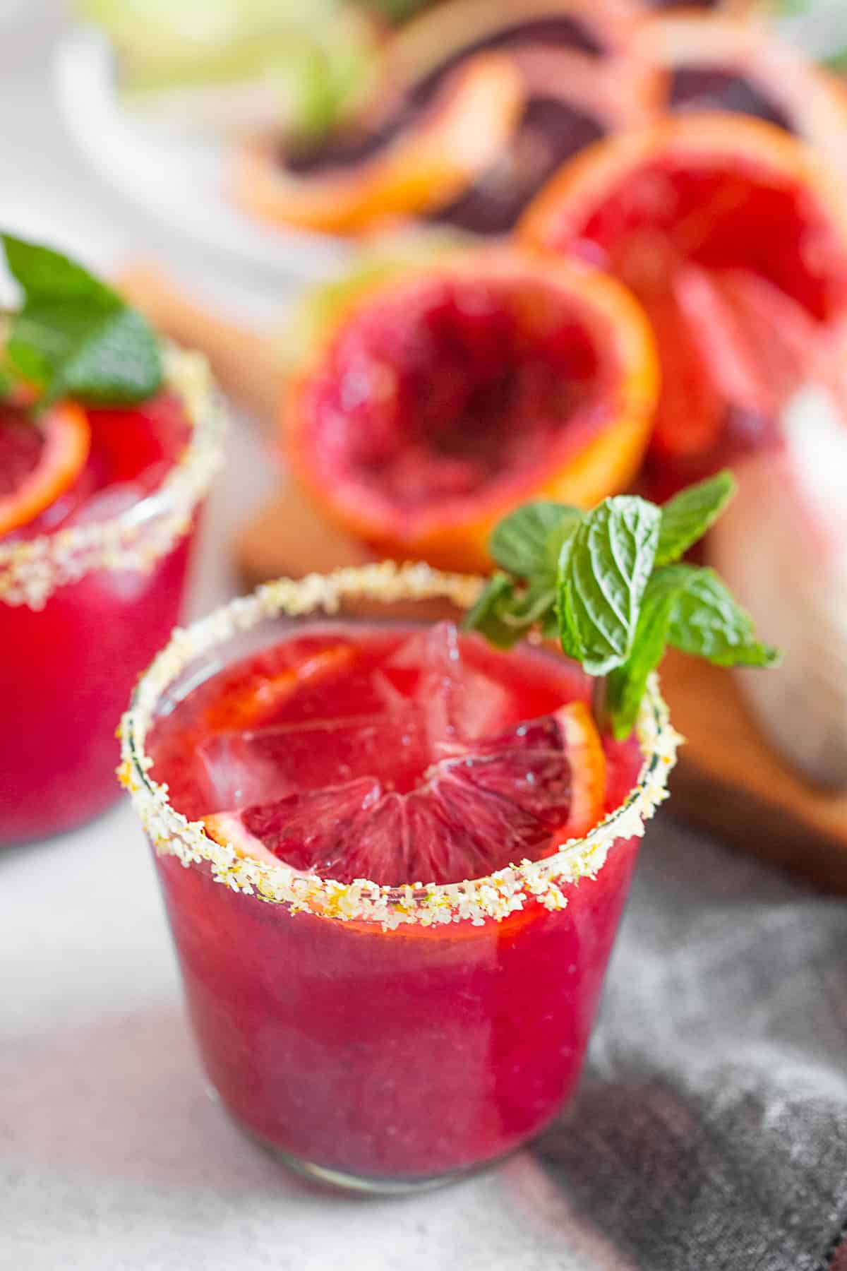 Blood Orange Margarita with a salt citrus rim.
