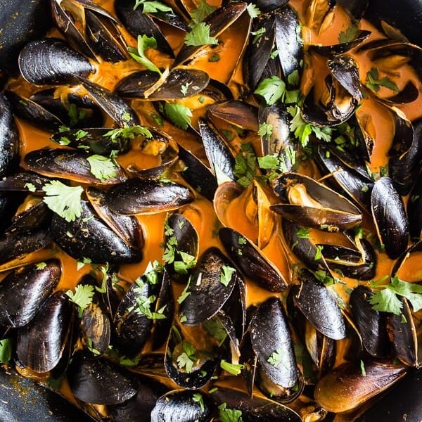 These red curry coconut milk mussels are ready in just 35 minutes and are packed full of ginger, garlic, and lemongrass flavors. You'll be blown away by how easy they are to make and want to sop up every last drop of the red curry coconut milk sauce!
