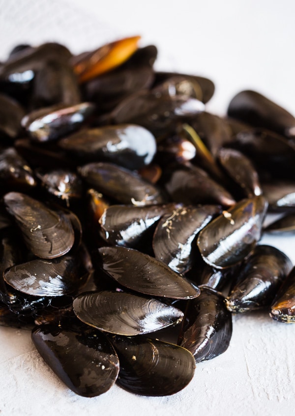 Fresh mussels on a table.
