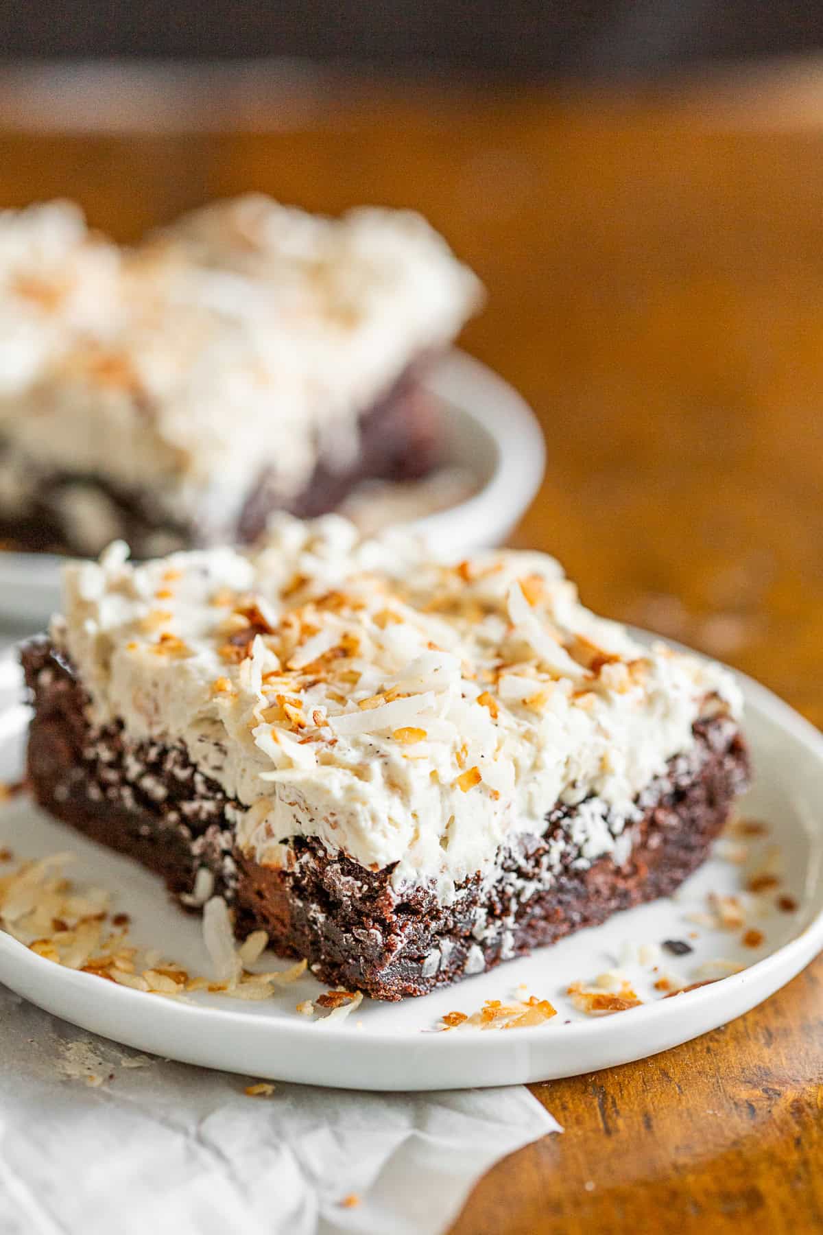 Fluffy Toasted Coconut Frosting on a brownie.