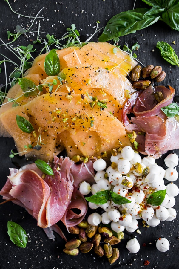 Cantaloupe Caprese Salad on a plate. 
