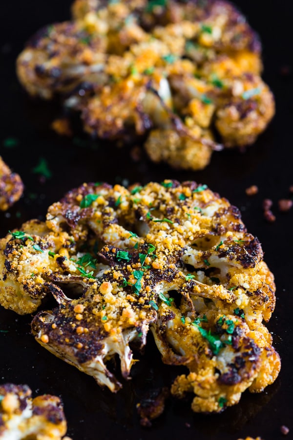 Parmesan Cajun Spiced Cauliflower Steak on a pan. 
