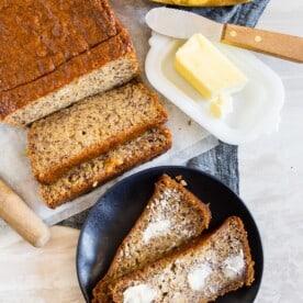 This coconut rum lime glazed banana bread is perfectly moist and glazed with the most delicious brown sugar coconut rum lime mixture. It's perfectly sweet and the perfect way to use up all those browning bananas. It's time to get into the kitchen and start baking!