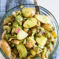 This herbed Dijon mustard potato salad is the perfect summertime salad. It’s packed full of flavor and lots of crispy bacon. Plus it’s mayonnaise free so it’s perfect for outdoor picnics and parties!