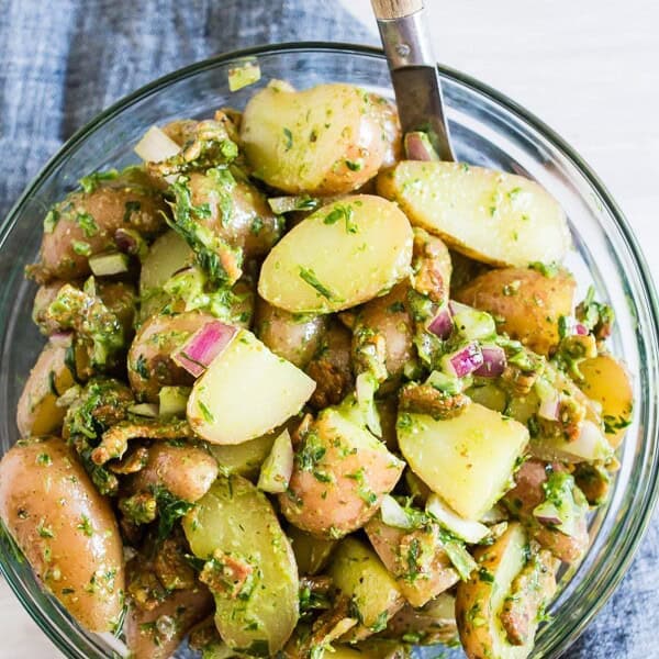 This herbed Dijon mustard potato salad is the perfect summertime salad. It’s packed full of flavor and lots of crispy bacon. Plus it’s mayonnaise free so it’s perfect for outdoor picnics and parties!