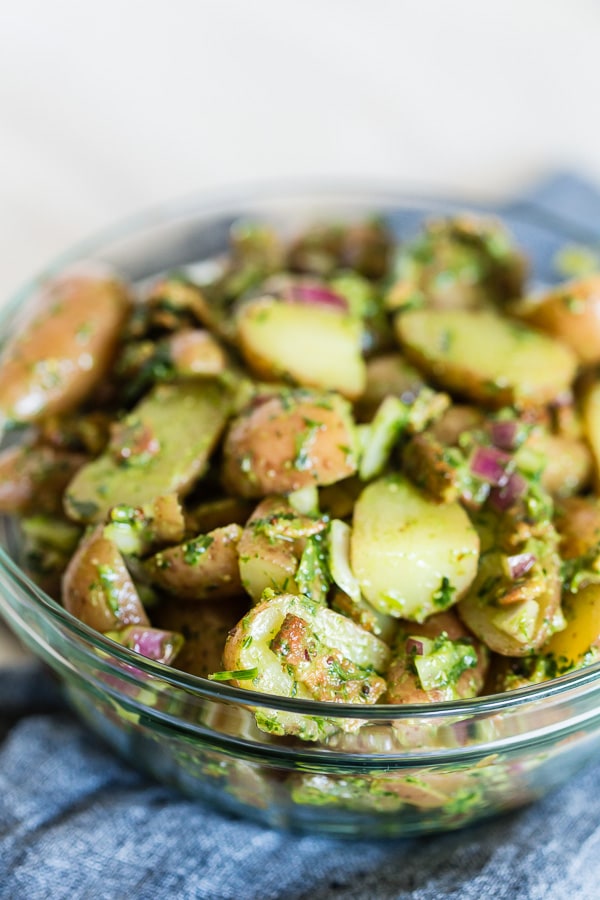 Herbed Dijon Mustard Potato Salad served with bacon.