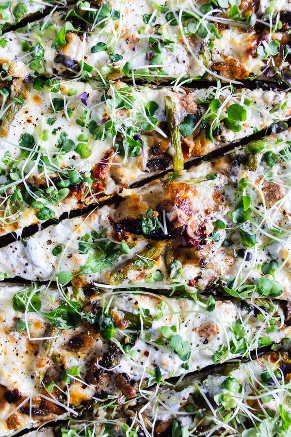 Asparagus Mushroom Burrata Pizza served on a sheet pan.