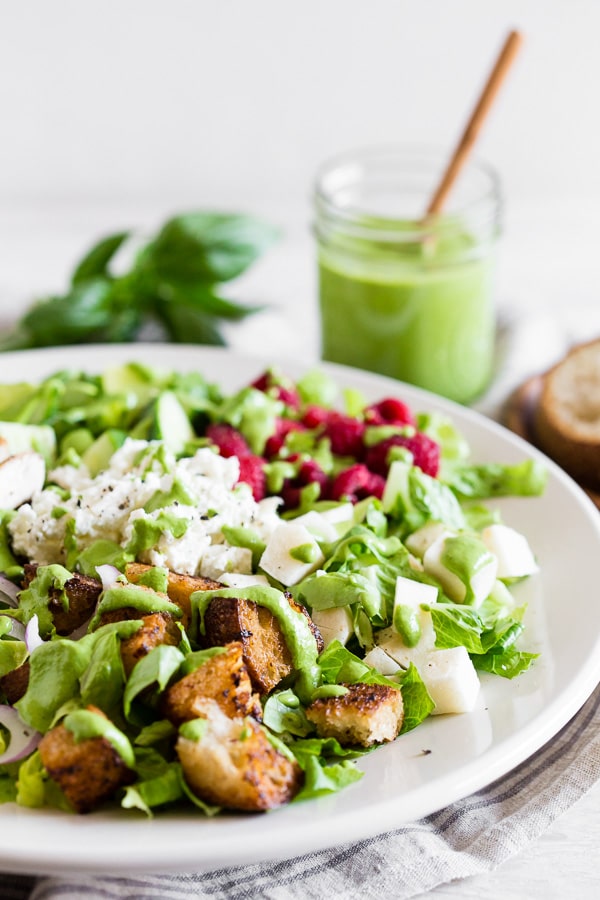 Greek Yogurt Green Goddess Dressing on top of salad.