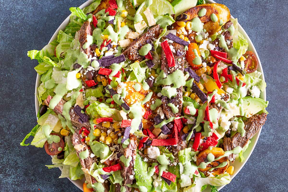 Southwest Steak Salad in a white bowl.