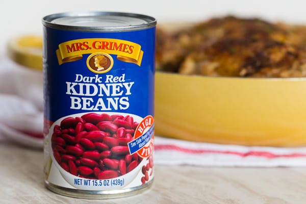 A can of kidney beans on a table. 