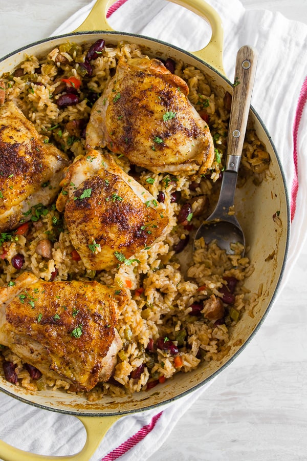 One Pot Cajun Chicken and Rice in a baking dish. 