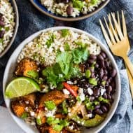 These sweet potato black bean burrito bowls are the perfect vegetarian meal to add to your weekly meal plan. Delicious cilantro lime rice piled high with black beans, roasted sweet potatoes, and vegetables. Trust me, you’ll go crazy over this bowl!