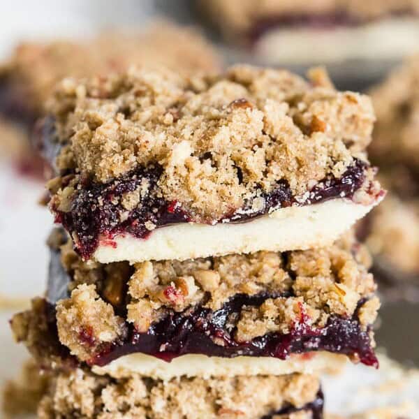 These vanilla bean plum butter crumble bars the perfect salute to the end of summer. Shortbread crust covered in homemade vanilla bean plum butter and topped with a nutty crumble topping. You'll love how sweet and fruity these bars taste.