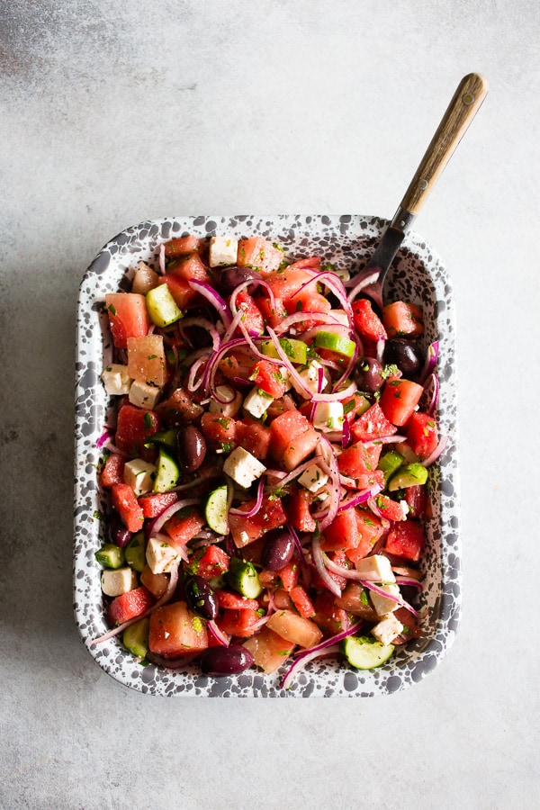 Watermelon Greek Salad in a dish.