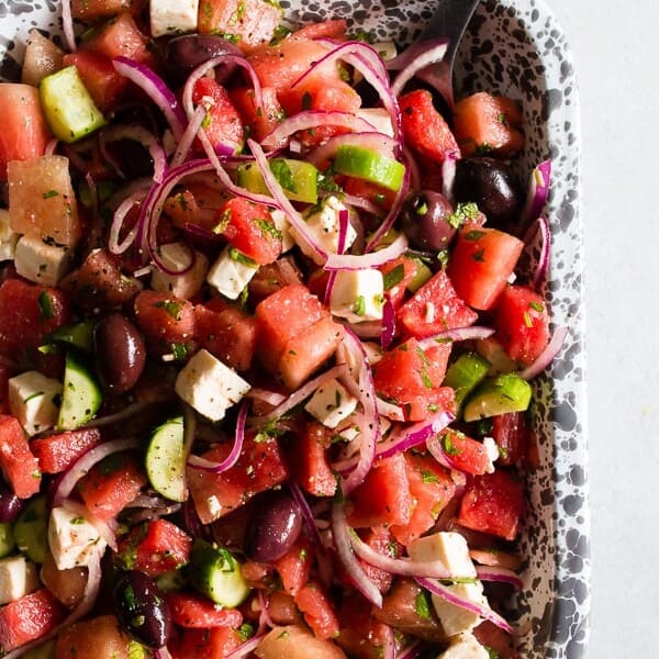 closeup photo of watermelon greek salad