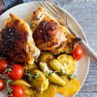 This sheet pan French dressing chicken thigh dinner is the perfect combination of Zesty French dressing tossed with baby potatoes, artichoke hearts and vine-ripened tomatoes. You’ll love how easy it to throw together and how delicious it tastes!