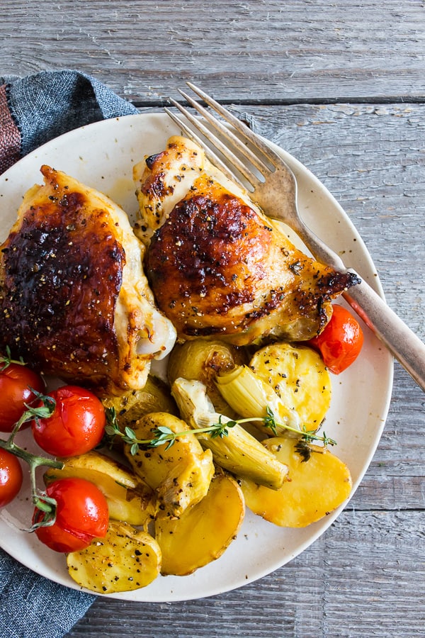 Sheet Pan Chicken Thighs on a plate. 