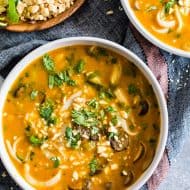 This vegan red curry pumpkin noodle soup is the perfect way to celebrate fall. Creamy pumpkin mixed with vegetable broth, coconut milk, mushrooms and baby bok choy all mixed together with Thai flavors and noodles for slurping.