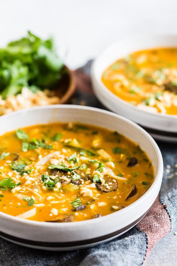 Vegan Red Curry Pumpkin Noodle Soup garnished with peanuts and cilantro. 