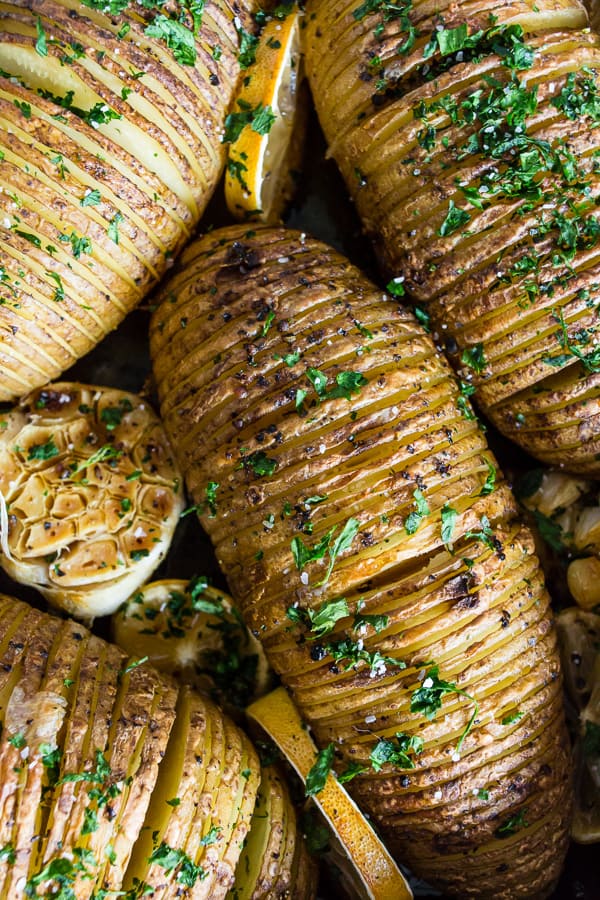 These lemon herb Hasselback potatoes are a great twist to a typical roast potato. Packed full of lemon and garlic flavor they make a fun addition to any dinner table. 
