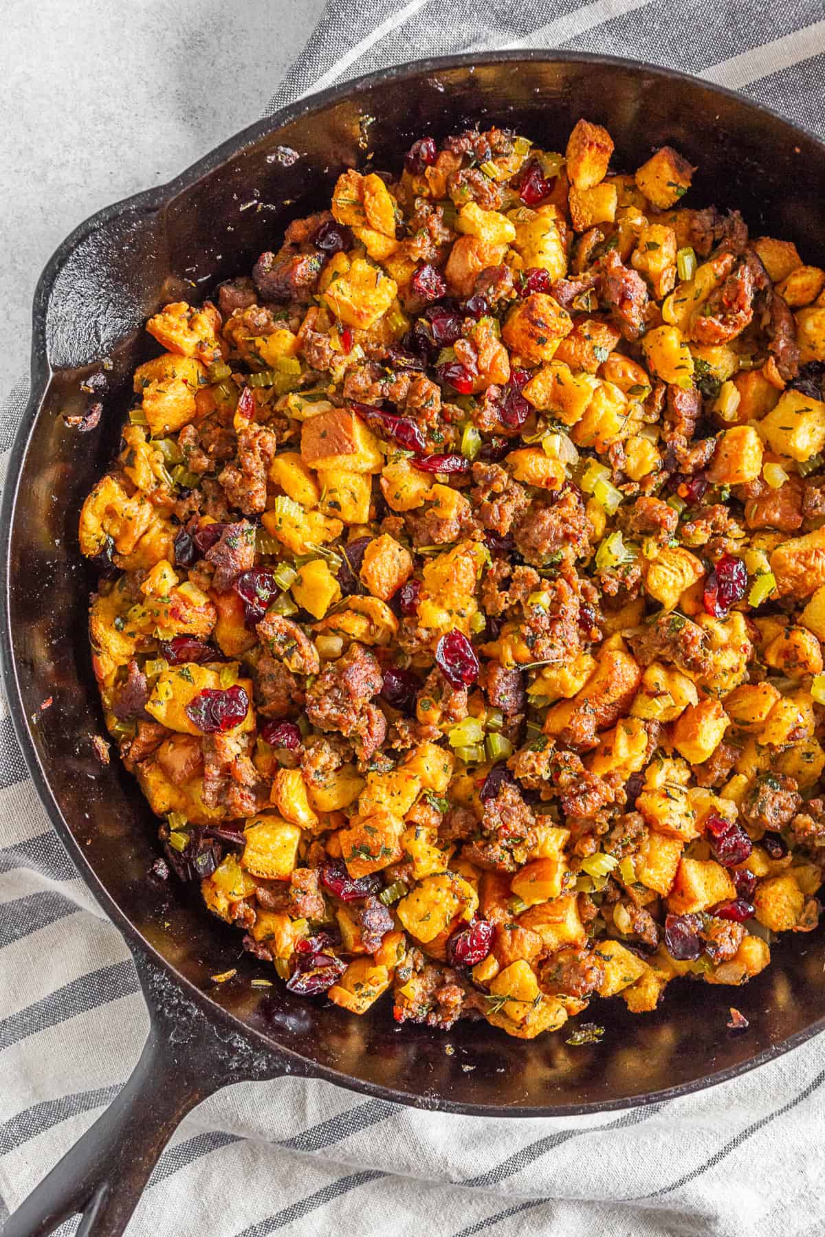 Potato Bread Stuffing in a skillet. 