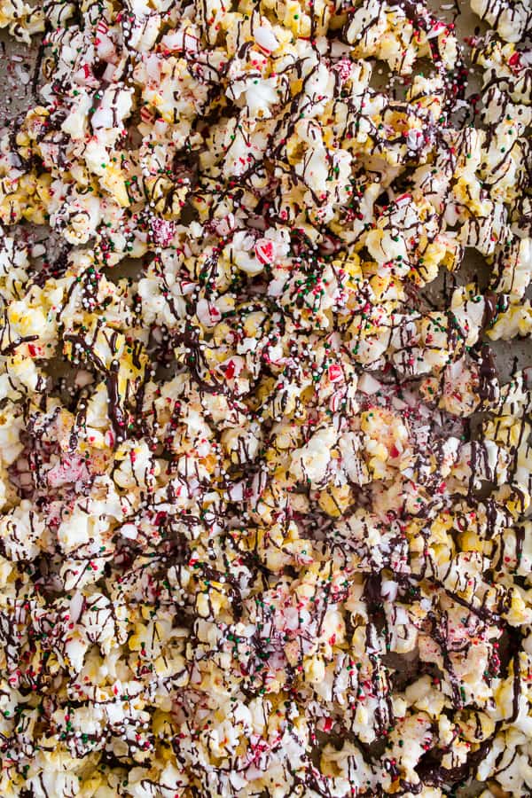 Peppermint Bark Popcorn drizzled with dark chocolate.