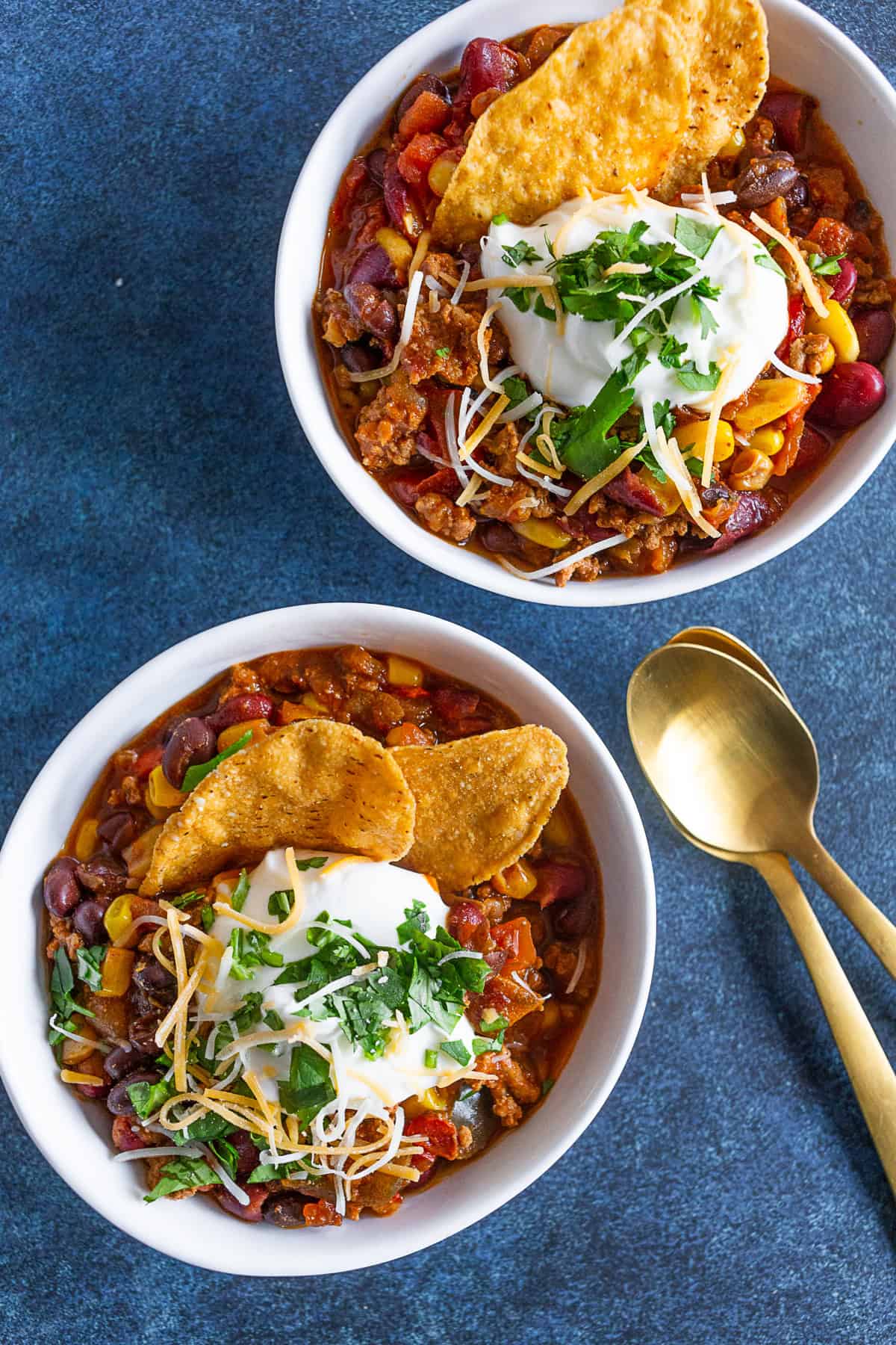 Chipotle Ground Turkey Chili topped with sour cream and cilantro. 