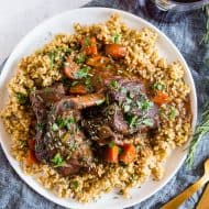 These instant pot red wine rosemary short ribs are the perfect use of your electric pressure cooker. They turn out perfectly tender and are packed full of red wine and rosemary flavor. They are even better when served with ancient grains and drizzled with red wine gravy. 