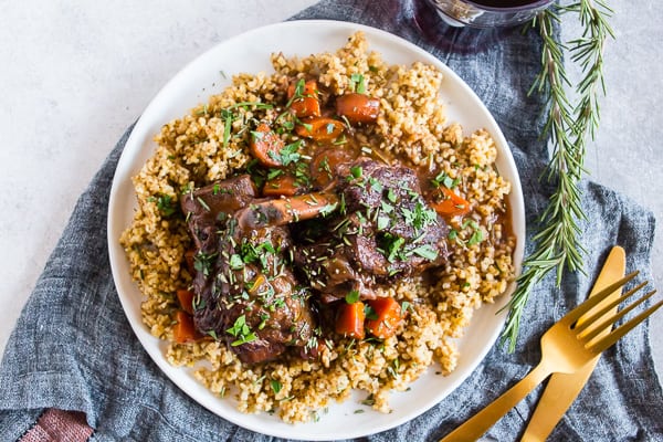 Instant Pot Short Ribs with Red Wine served with grains.