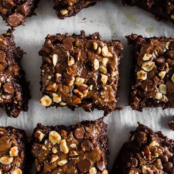 These hazelnut buckwheat brownies are packed full of dark chocolate, semisweet chocolate chips, and chopped hazelnuts. They are super fudgy and made with a delicious mix of buckwheat and white whole wheat flour. Trust me, you'll love these brownies! 