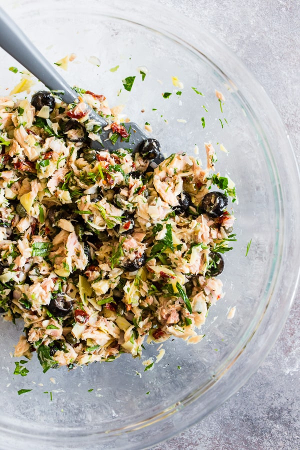 Mediterranean Tuna Salad mixed in a bowl. 