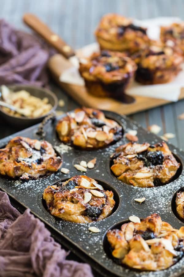 Cherry Yogurt French Toast Cups in a muffin tin.