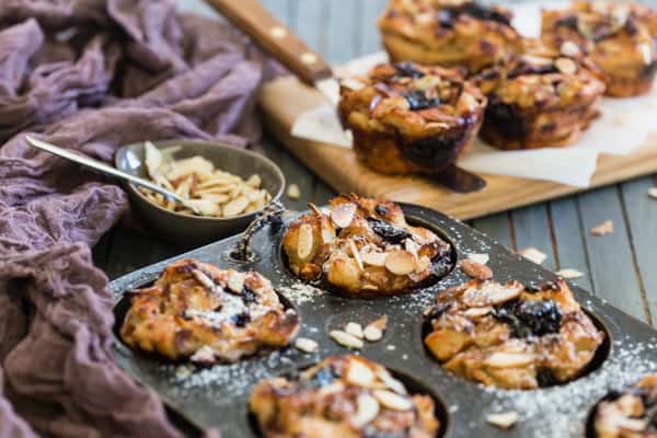Cherry Yogurt French Toast Cups in a metal muffin tin.