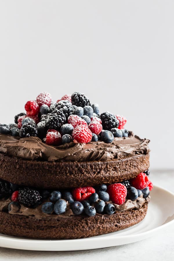 Cake topped with Espresso Dark Chocolate Mascarpone Frosting.
