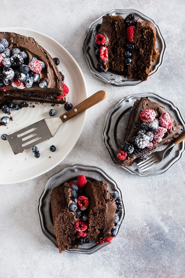 Slices of cake topped with Espresso Dark Chocolate Mascarpone Frosting.