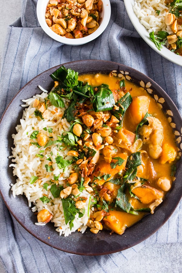 African Chicken Peanut Stew served in a ceramic bowl. 