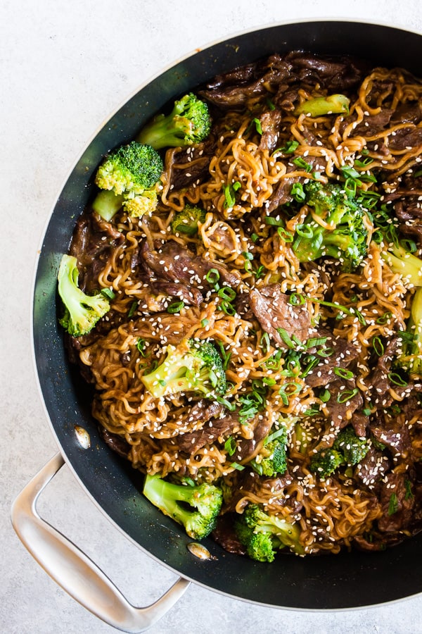 Beef and Broccoli Ramen Noodles in a large pan. 