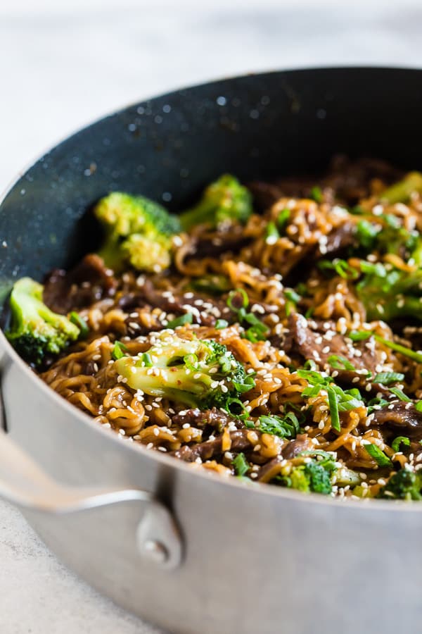 Beef and Broccoli Ramen Noodles served with a sprinkle of sesame seeds. 