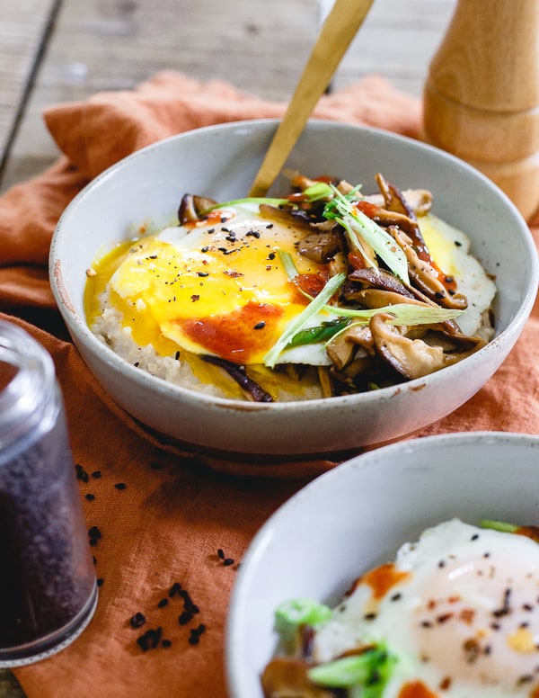 Savory Asian Oat Bran topped with a runny egg.