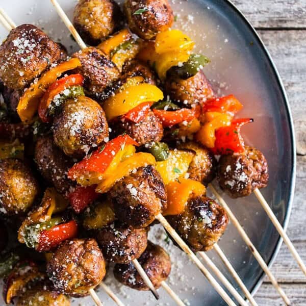  These grilled chicken meatball and peppers skewers are the perfect grilling kebab dinner. Made easy with store bought meatballs and fresh chopped bell peppers with a mix of herbs and oil. Sprinkle with Parmesan cheese for a delicious finish!