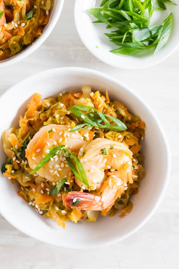 Spicy Shrimp Egg Roll Skillet in a small white bowl. 