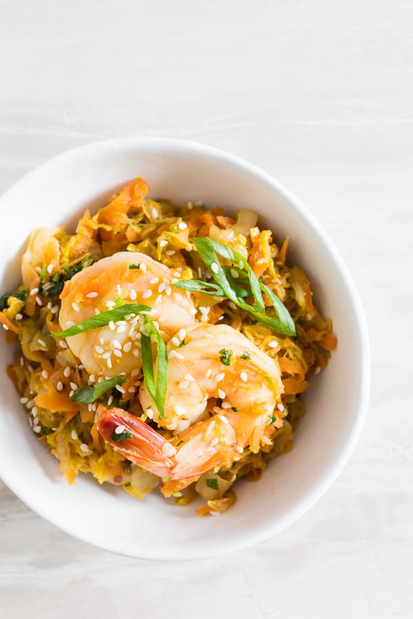 Spicy Shrimp Egg Roll Skillet in a white bowl. 