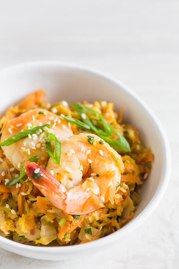 Spicy Shrimp Egg Roll Skillet sprinkled with sesame seeds. 