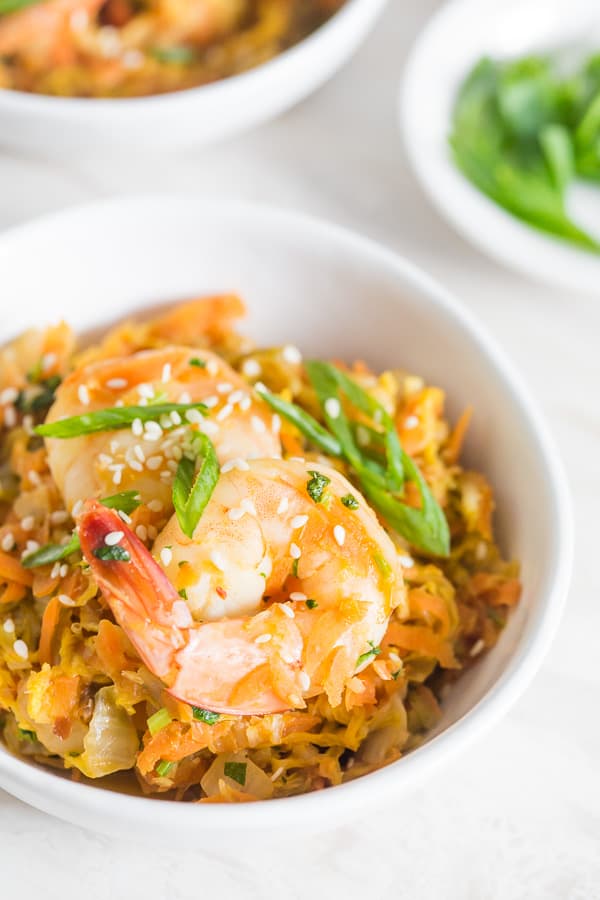 Spicy Shrimp Egg Roll Skillet topped with green onions.