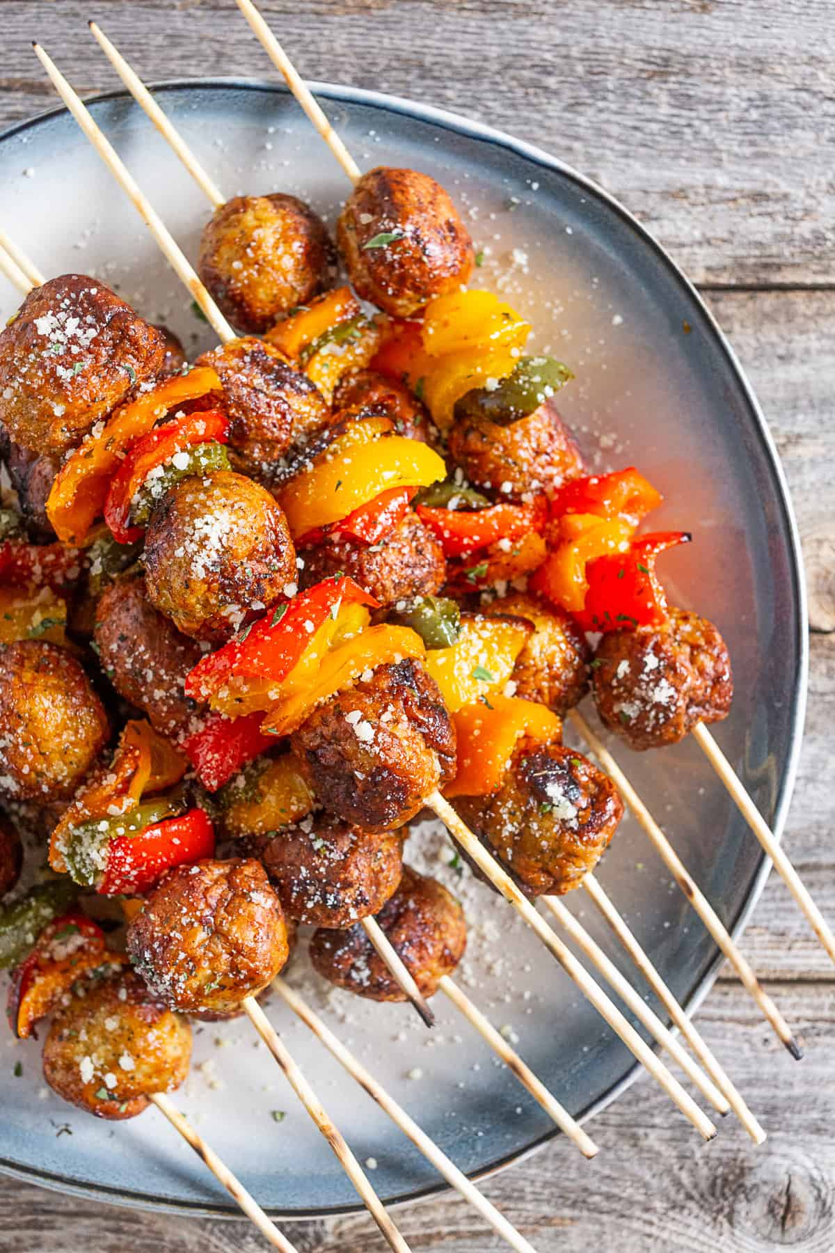 Grilled Chicken Meatball Skewers on a plate. 
