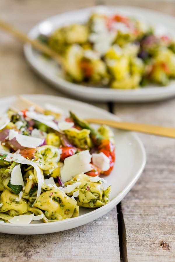 Roasted Vegetable Tortellini Salad on a small white plate. 