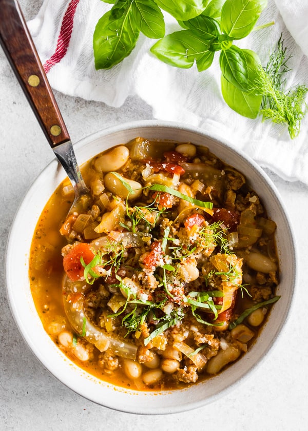 Italian Sausage Fennel White Bean Soup in a bowl.